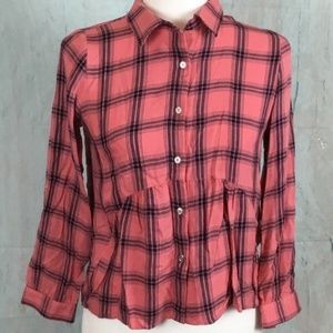 Copper Key Plaid Button Down Pink High Low Blouse
